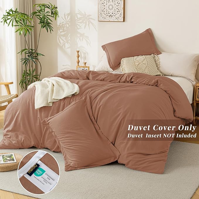 MILDLY Super Soft Duvet Cover - 100% Washed Microfiber Mocha Comforter Cover Set 3 Pieces with Zipper Closure & Corner Ties