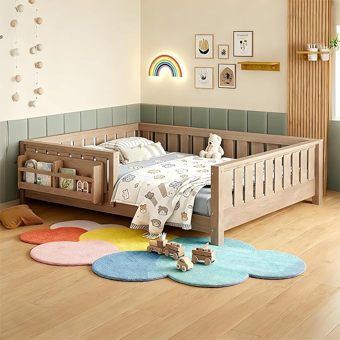 Bellemave Full Size Floor Bed Frame with Fence & Bookshelf, Solid Pinewood Montessori Floor Bed Full with Slats Load 450LBS, Low Profile Floor Bed for Kids, Bedroom, Nursery, Easy Assembly, Oak Brown