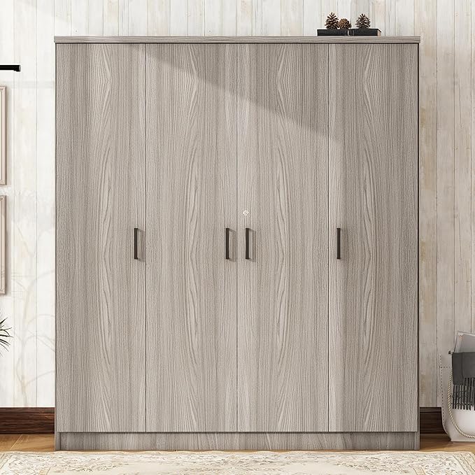 67.9" H Large Wardrobe Closet with 4 Doors, Freestanding Armoire Wardrobe Closet with Locking Drawer, Shelves and Hanging Rod, Wooden Bedroom Coat Closets Cabinet for Clothes, Gray