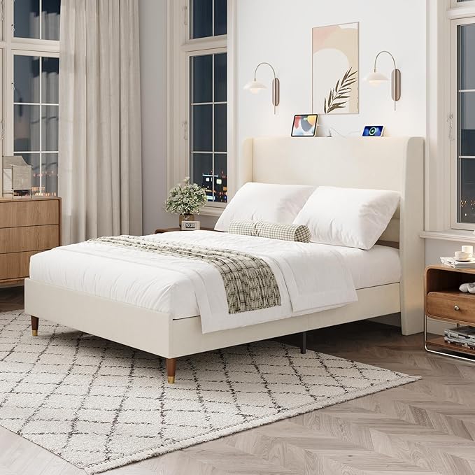 MALOL Queen Size Bed Frame with Upholstered Headboard, Linen Fabric Platform Bed Frame with USB Charging Ports, No Box Spring Needed, Sturdy Metal Support, Noise Free, Modern Bedroom Furniture,Beige