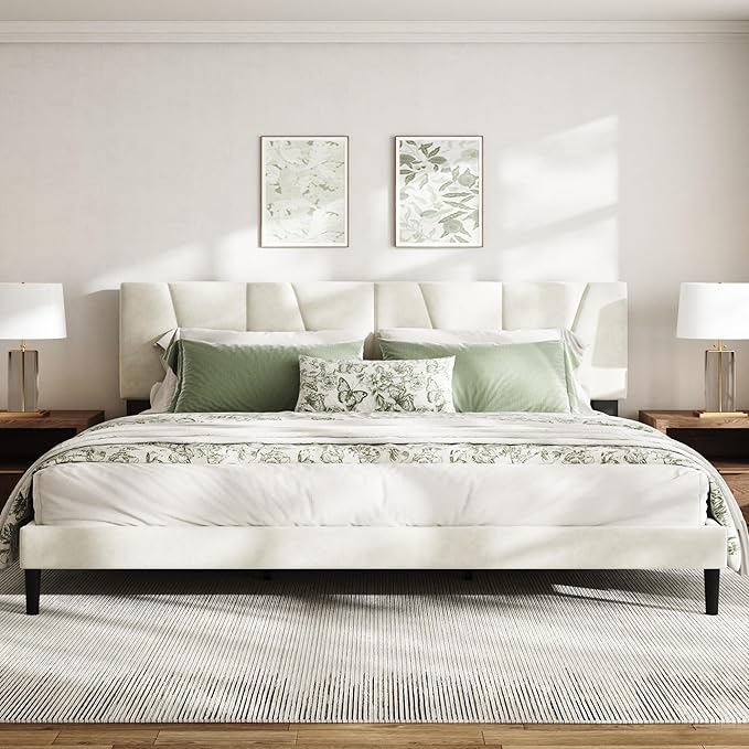 Queen Size Bed Frame with Linen Upholstered Platform Bed Frame, Wooden Slats Support, Noise-Free Mattress Foundation, No Box Spring Needed, Easy Assembly, Beige