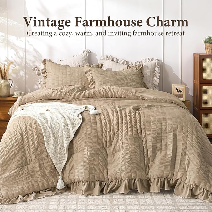 JOLLYVOGUE Twin Size Comforter Set, 2 Pieces Khaki Seersucker Lightweight Fluffy Bedding Set, Twin Ruffle Comforter, All Season Soft Microfiber Shabby Chic Bed Set