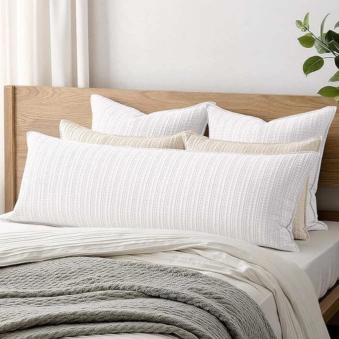 100% Cotton Waffle Weave Body Pillowcase, 1 Pack 20x54 Decorative Body Pillow Cover for Bed Couch Sofa, Neutral Long Cushion Sham Modern Farmhouse Home Decor, White
