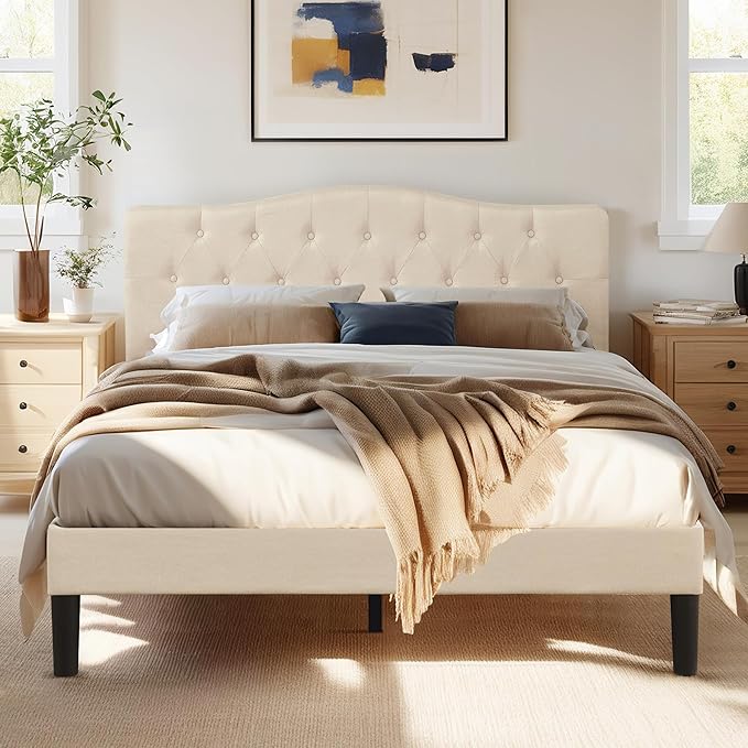 VECELO Full Size Platform Bed Frame with Fabric Upholstered Headboard and Wooden Slats Support, No Box Spring Needed/Easy Assembly,Beige