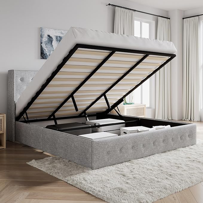 SHA CERLIN King Size Lift Up Storage Bed Frame,Button Tufted Wingback Headboard,Upholstered Platform,Hydraulic Storage,Wooden Slat Support,No Box Spring,Light Grey