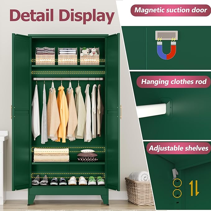 GAIOUS Metal Wardrobe Cabinet with Hanging Rod, 71" Metal Clothing Storage Cabinets with 2 Doors and Adjustable Shelves, Green Armoire Wardrobe Closet for Bedroom, Laundry Room, Cloak Room