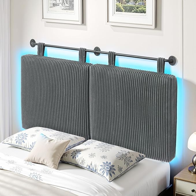 Headboard Queen Size，Modern Wall Mounted Headboards with LED Light for Bed with Upholstery Hanging Headboard for Bedroom,Featuring High-Density Sponge Padding，Grey