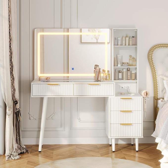 Garvee 48" Fluted Makeup Vanity Desk with Mirror and Lights, Glass Top Vanity Table with 5 Drawers, Open Shelf and Power Outlet, Modern Dressing Table for Bedroom and Living Room