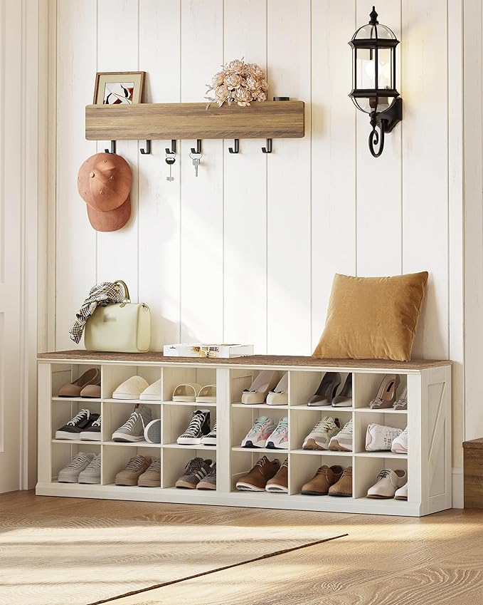Hzuaneri Farmhouse Shoe Storage Bench, Entryway Shoe Cubby Bench, Widened Wooden Shoes Cubbies with Compartments, Shoes Rack Benchs for Cloakroom, Entryway, Antique White SB54514X