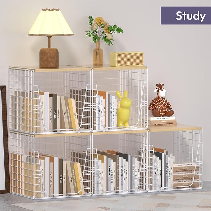 SWTYMIKI 2PCS Closet Organizers and Storage - Stackable Closet Basket with Wood Top Shelf, Clothes Storage Shelves, Clothes Drawer Bins for Wardrobe, Bedroom, Entryway, White