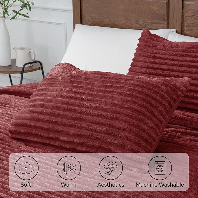 BEDELITE Fleece Queen Comforter Set -Super Soft & Warm Fluffy Burgundy Bedding, Luxury Fuzzy Heavy Bed Set for Winter with 2 Pillow Cases
