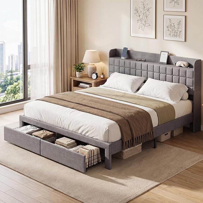 DUMOS King Size Upholstered Platform Bed Frame, King Bed with Storage Drawers and Fabric Headboard, Wooden Slats Support, 1323 lbs Weight Capacity, No Box Spring Needed, Easy Assembly, Gray