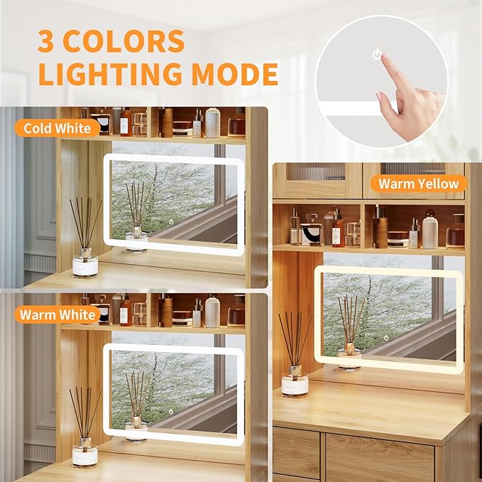3-in-1 Make Up Vanity Desk with Mirror & Lights, Compact Vanity Table with Drawers, Storage Compartment and Rolling Stool, Modern Small Makeup Vanity and Storage Chair for Bedroom, Powder Room