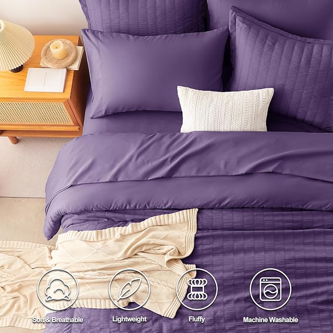 CozyLux Full Size Comforter Sets with Sheets 7 Pieces, Purple Seersucker Bed in a Bag Textured Luxury Soft Bedding Sets with Down Alternative Comforter, Sheets, Pillowcases & Shams for All Seasons