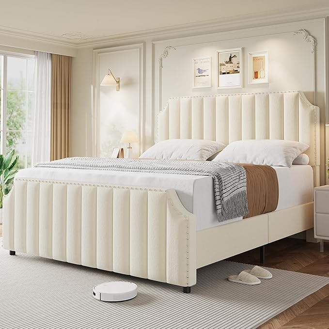 GarveeHome King Size Velvet Bed Frame, 50.2 in Tall Headboard & Footboard, Upholstered Platform King Bed Frame with Nailhead Trim, No Box Spring Needed, Noise Free, Solid Wooden Slats, Beige