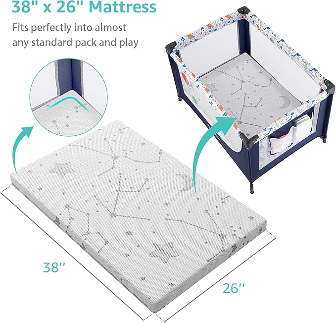 YENING Breathable Pack and Play Mattress Pad 38x26 Waterproof Baby Mattress for Pack N Play Matress Topper Waterproof 2 Pack