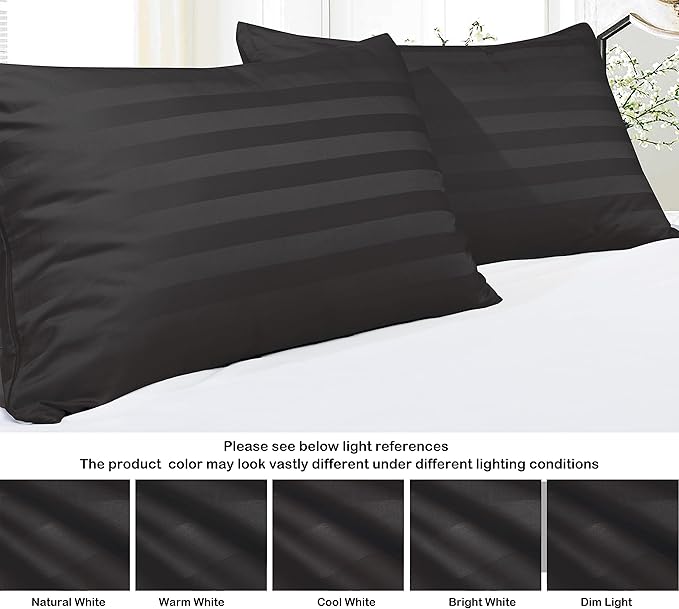 100% Egyptian Cotton Pillow Protectors Set of 2, 600 Thread Count Standard Size Bed Pillow Cases with Zipper, Sateen Weave Cooling Pillow Cases Quiet and Breathable Easy Care (2PCS, Striped Black)