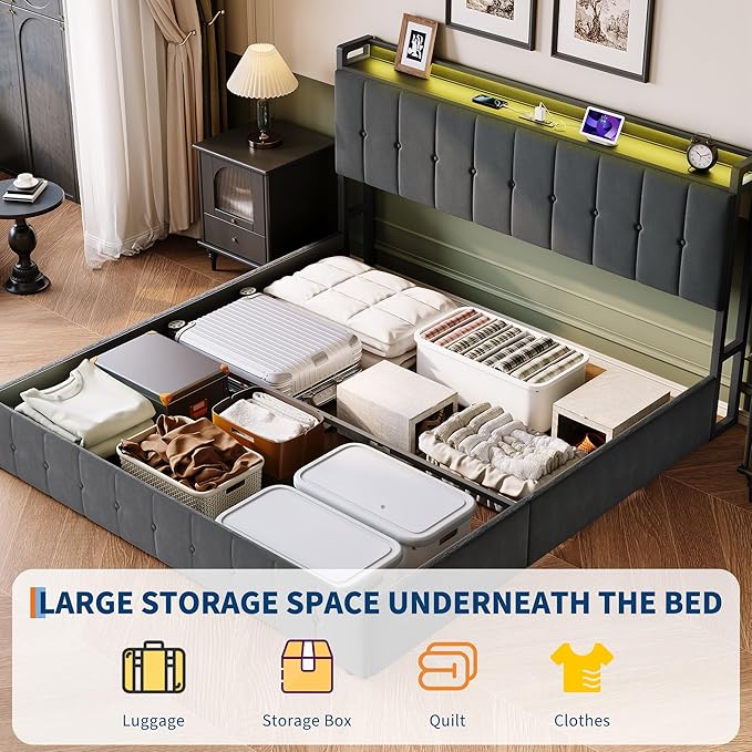 Garvee King Size Lift Up Storage Bed with LED Lights, Upholstered Velvet Bed Frame with Storage Headboard & Charging Station, Metal Platform Bed, No Box Spring Needed, Solid Wooden Slats, Grey