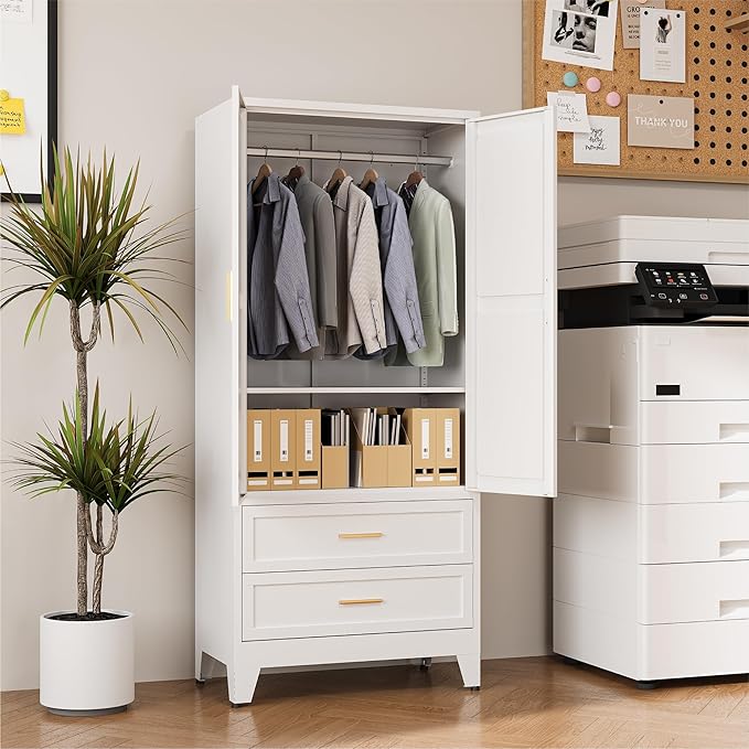 COFaR 71" Metal Wardrobe Closet with 2 Drawers & Hanging Rod, Freestanding Armoire Storage Cabinet with Adjustable Shelf and 2 Doors, White Steel Closet Organizer for Bedroom