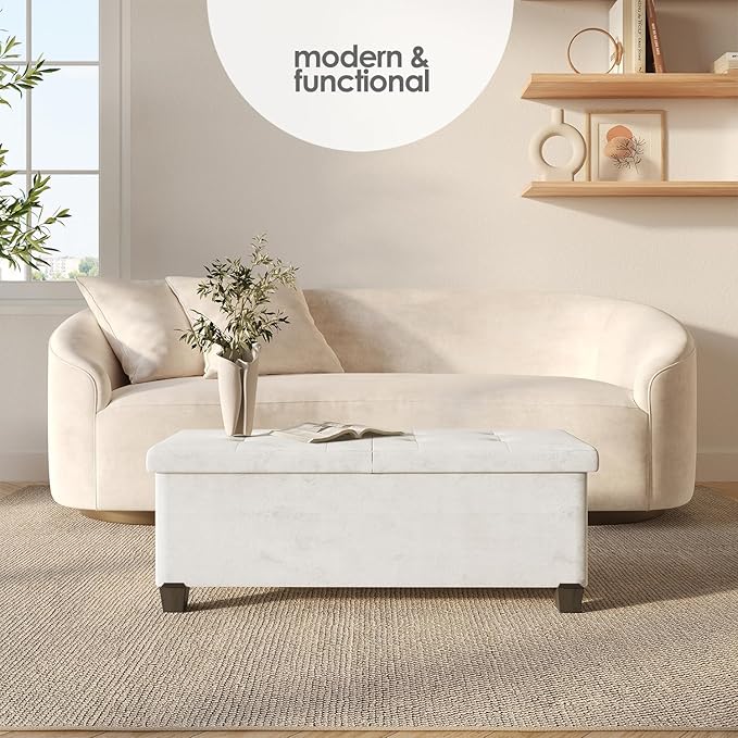 Storage Ottoman Bench with Bins, 43-in Storage Bench for Bedroom End of Bed, Folding Foot Rest Ottoman for Living Room Max 660lbs, Velvet Ottomans, Cream