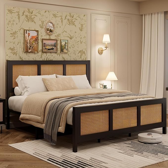 IDEALHOUSE Rattan Bed Frame with Headboard, Boho Queen Bed Frame with Strong Metal Slats Support, No Box Spring Needed, Noise-Free Design, Black
