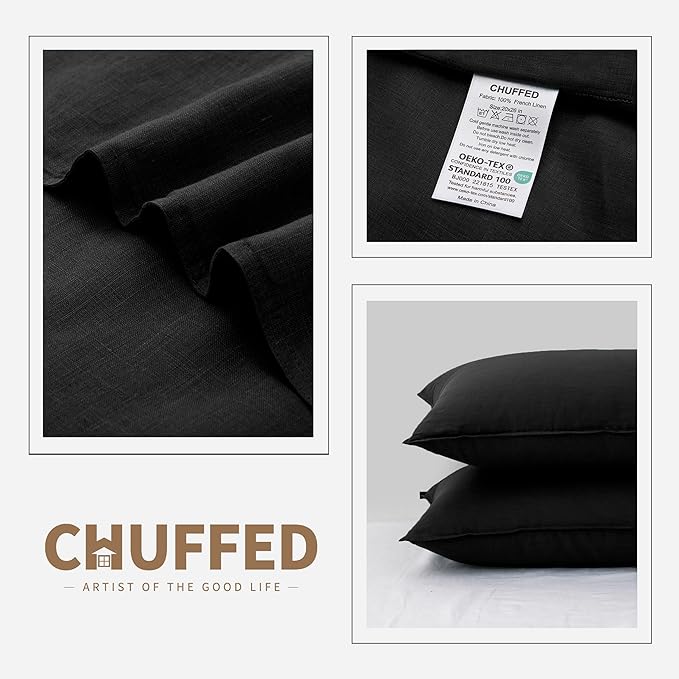 CHUFFED Linen Pillowcases 2 Pack 100% Linen Standard Pillow Cases, Breathable and Cooling Washed Pillowshams with Zipper Closure, 20x30 Inches,Black