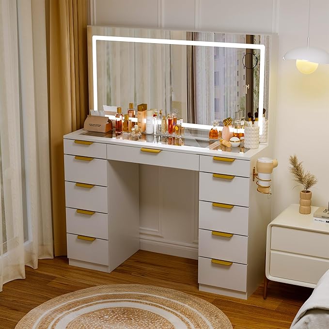 Pamapic Glass Top Vanity Desk with LED Lighted Mirror, 11 Drawers Vanity Desk with Charging Station, 3 Lighting Modes Dressing Table, Golden Handles, Makeup Table, White