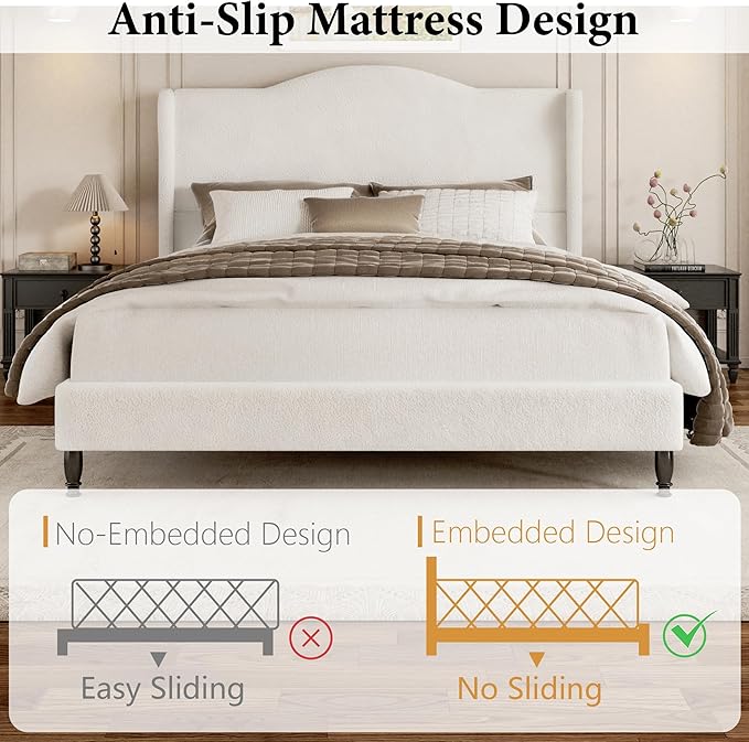 Queen Bed Frame with Wingback Headboard, Upholstered Boucle Platform Bed Frame Easy Assemnly, Solid Wooden Slats Support, Noise-Free, No Box Spring Needed, Soft Cloud Bed for Bedroom, Cream