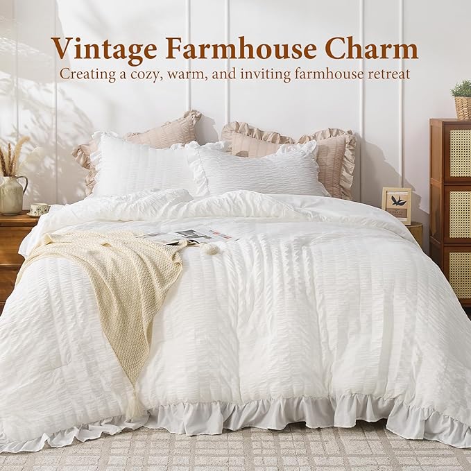 JOLLYVOGUE White Comforter Full Size, 3 Pieces Seersucker Lightweight Full Size Bedding, All Season Fluffy Microfiber Bedding Comforter Set with 1 Ruffle Comforter and 2 Ruffle Pillowshams