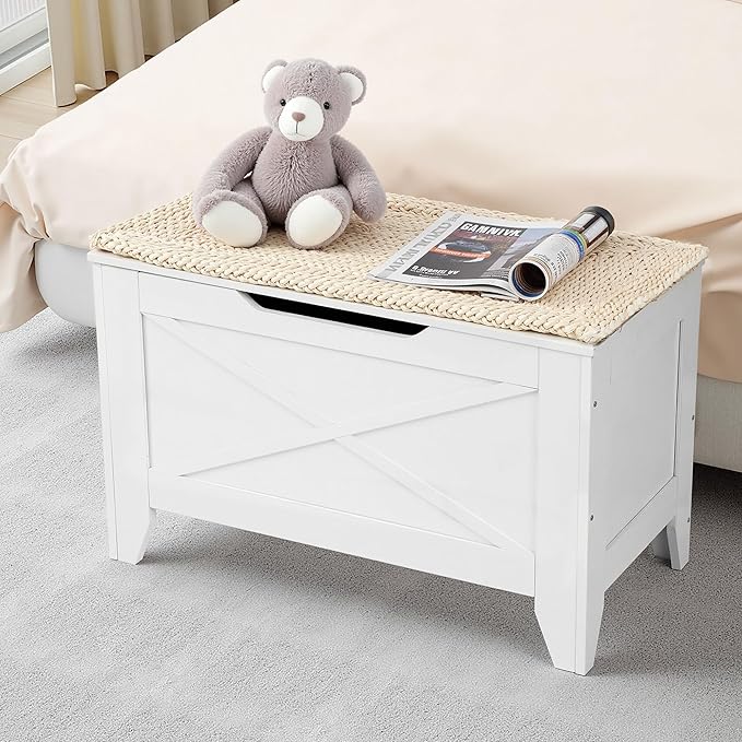 VECELO 30" Storage Chest with Lift Top Storage, Farmhouse Style Ottoman with Handwoven Wicker Cushion, Safety Hinges, Ideal for Entryway, Bedroom, Living Room, Ivory White