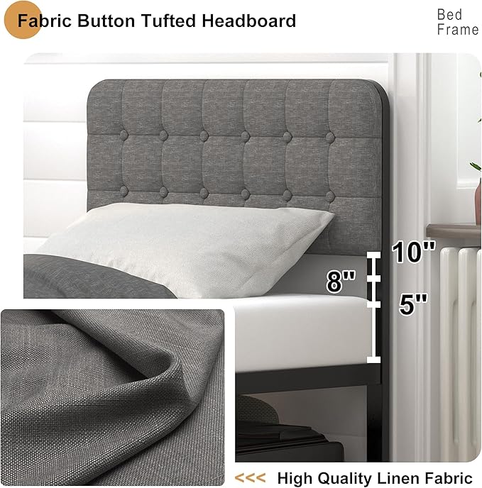 EMODA 16 Inch Twin XL Bed Frames with Upholstered Headboard and Metal Footboard, Heavy Duty XL Twin Metal Bed Frame, No Box Spring Needed, Easy Assembly
