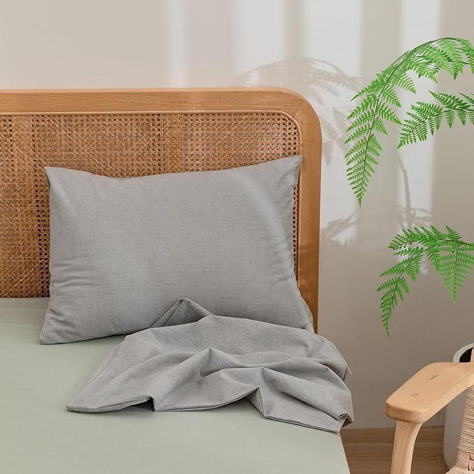 BESTOUCH 100% Washed Cotton Pillowcase for Hair and Skin Linen Feel Soft Comfortable Breathable 2 Set Pillow Case with Envelope Closure Solid Light Grey King 20x36 Inches