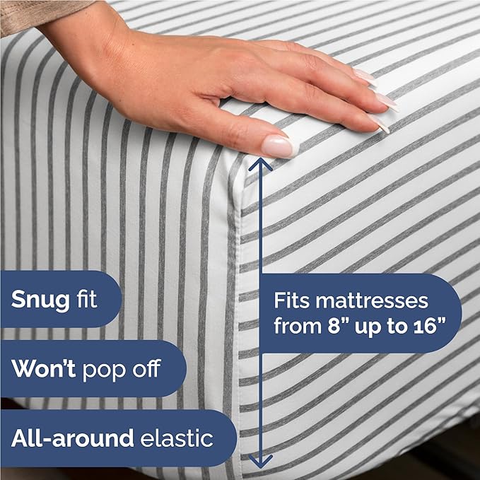Full 6 Piece Sheet Set - Comfy, Breathable & Cooling - Soft Hotel Luxury Bedding for Women, Men, Kids, Teens and Children - 1 Flat & 1 Fitted Sheet & 4 Pillowcases with Deep Pockets - Grey Stripes 2
