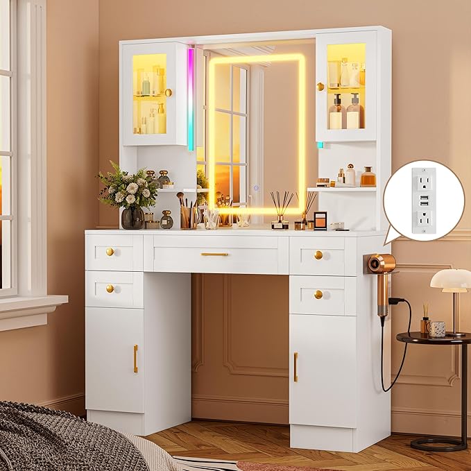 KAMABOKO White Makeup Vanity Desk with Mirror and Lights, Large Vanity Table Set with Charging Station, Dressing Table with RGB Cabinets for Bedroom Dressing Room