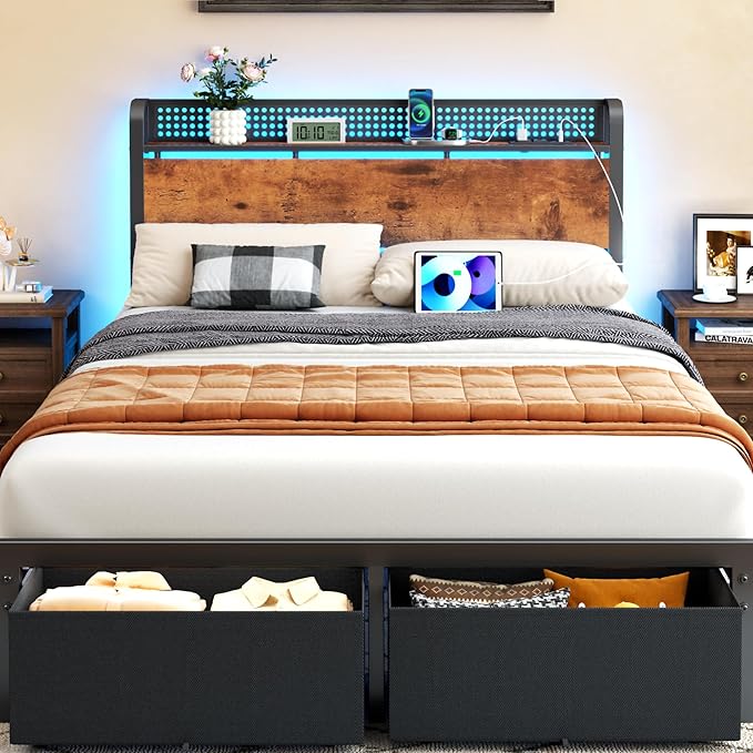 Furnulem Full Size Bed Frame with Headboard Storage, Platform Bed Frame Full Size with 2 Drawers, Charging Station and LED Lights, No Box Spring Needed, Noise Free, Easy Assembly (800 lbs Capacity)