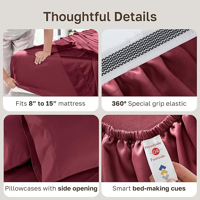 California Design Den Split King Sheets Set - Luxury Hotel 800 Thread Count Sateen, Soft and Natural 100% Cotton Sheets, Deep Pockets for a Snug Fit, Durable Bedding Set - Red Wine