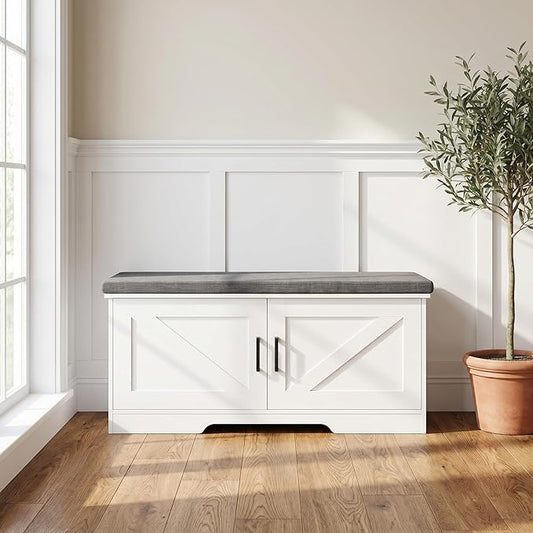 HOMSHO 2-Tier Storage Bench, 39.4" Wide Shoe Bench with Padded Seat Cushion, Entryway Bench with 2 Barn Doors and Adjustable Shelf, White