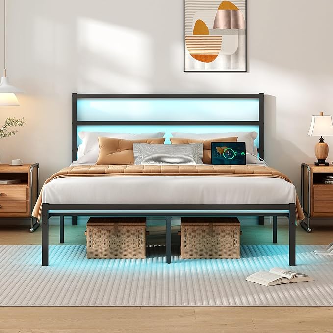 CLIBFENG Queen Size Bed Frame with Headboard,Heavy Duty Steel Slats Support-LED Bed Frame with USB Charging Station,Mattress Foundation-Under Bed Storage,No Box Spring Needed,Noise Free，Black