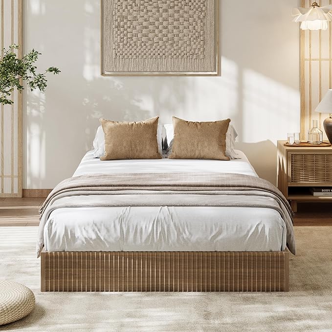 Garvee Twin XL Bed Frame, Wood Platform Bed with Fluted Design, Low Profile BedFrame, Minimalist Bed Base with Noise-Free, Easy Assembly, No Box Spring Needed, Walnut