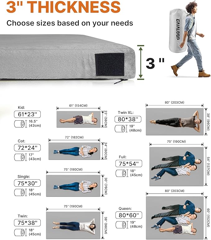 GAIALOOP 3 Inch Memory Foam Camping Mattress, Dual Layer Thick Sleeping Camp Pad for Car Tent Cot, Roll-Up Portable Glamping Floor Bed for Guests Sleepover