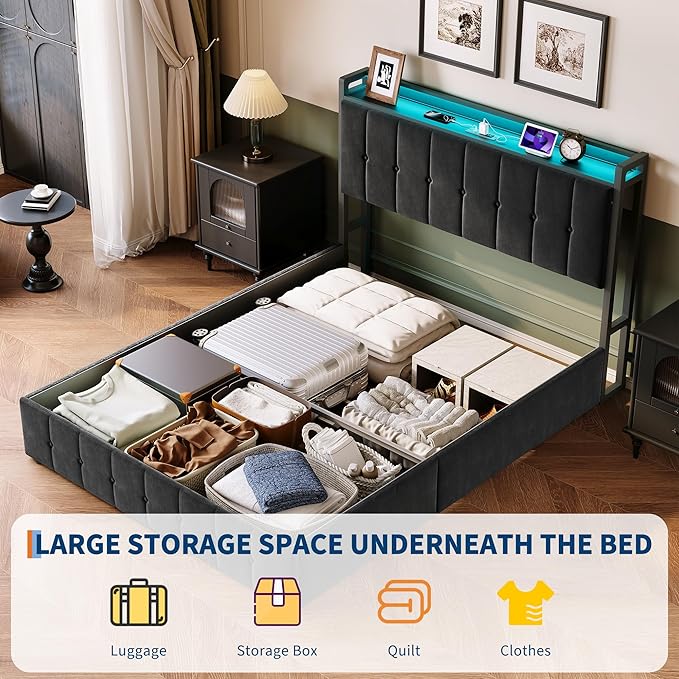 Garvee Queen Size Lift Up Storage Bed with LED Lights, Upholstered Velvet Bed Frame with Storage Headboard & Charging Station, Metal Platform Bed, No Box Spring Needed, Solid Wooden Slats, Black