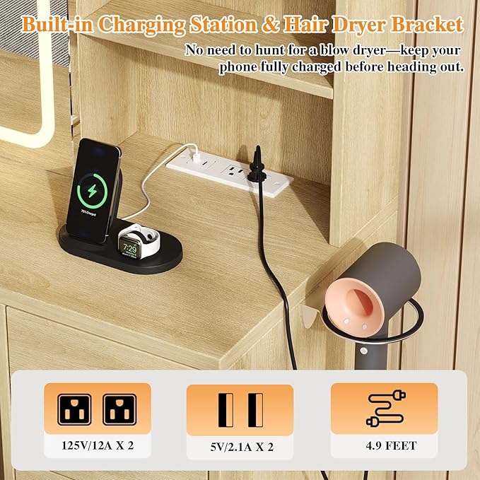 47'' W Large Vanity Desk with Mirror and Lights, 8 Storage Shelves 7 Drawers Vanity Table, Big Makeup Vanity Desk with 3 Lighting Modes, Vanity Dresser with Charging Station, Sliding Mirror (Natural)