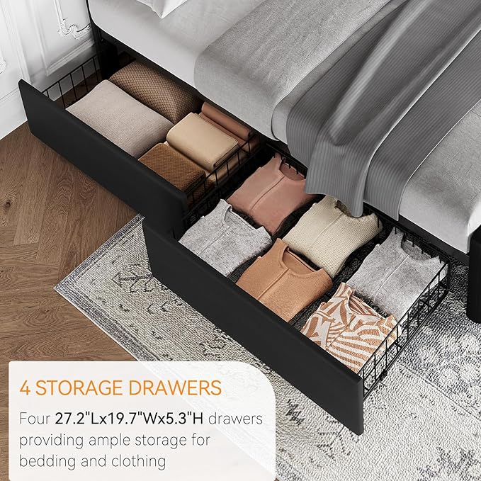 IDEALHOUSE King Size Bed Frame with 4 Storage Drawers and Headboard, Faux Leather Upholstered Platform Bed Frame with Wooden Slats Support, Button Tufted Design, No Box Spring Needed, Black