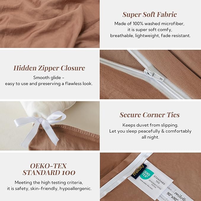MILDLY Super Soft Duvet Cover - 100% Washed Microfiber Mocha Comforter Cover Set 3 Pieces with Zipper Closure & Corner Ties