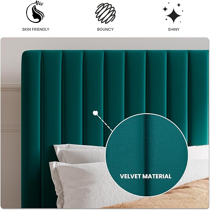 SHA CERLIN Full Upholstered Platform Bed Frame with Vertical Channel Tufted Velvet Fabric Adjustable Headboard, Wooden Slats Support, Mattress Foundation, Box Spring Optional, Teal