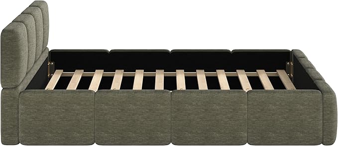 Merax Queen Size Boucle Platform Bed with Thick Headboard and Footboard, Block Style Upholstery Grounded Bed Frame, Green