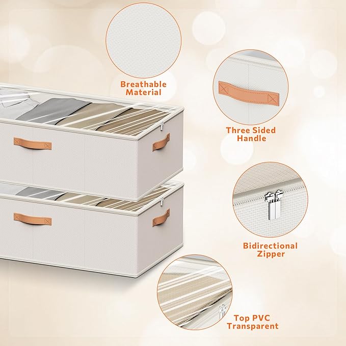 2 Pack Under Bed Storage Containers, 10 Inch Tall Underbed Clothes Storage Organizer Bin with Clear Window，Foldable Box Basket for Clothes, Closet, Bed Sheets and Blankets White