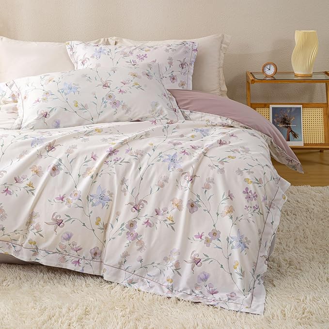 OAITE Duvet Cover Set King Size Floral Pattern Ultra Soft 100% Cotton Duvet Cover Sets 3-PC, Breathable Duvet Cover with Zipper Closure & Corner Ties(2 Pillow Shams,1 Duvet Cover)