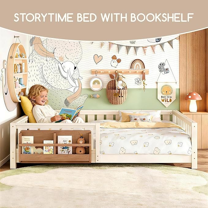 Bellemave Queen Floor Bed Frame with Fence & Bookshelf, Solid Pinewood Montessori Floor Bed Frame Queen with Slats Load 550LBS, Low Floor Bed for Kids, Bedroom, Nursery, Easy Assembly, Beige