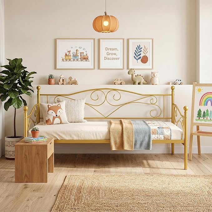 VECELO Daybed Frame, Twin Size Metal Platform Bed with Headboard,Heavy Duty Steel Slats Support for Living Room Bedroom Guest Room, Easy Assembly